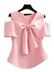 Pink blouse with a large bow on a hanger against a neutral background