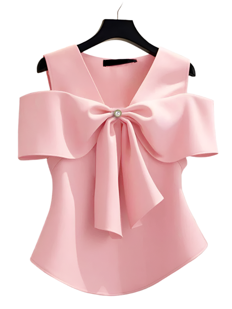 Pink blouse with a large bow on a hanger against a neutral background