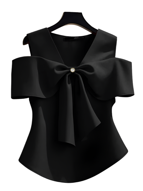 Black blouse with a large bow on a hanger against a neutral background