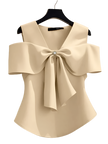 Beige blouse with a large bow detail on a hanger against a neutral background