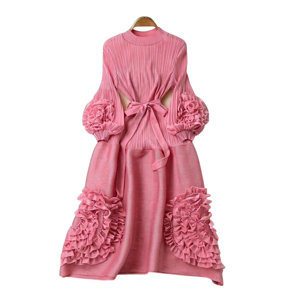 Elegant Pleated Floral Lantern Sleeve Dress