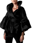 Black ruffled top worn by a person on a plain background