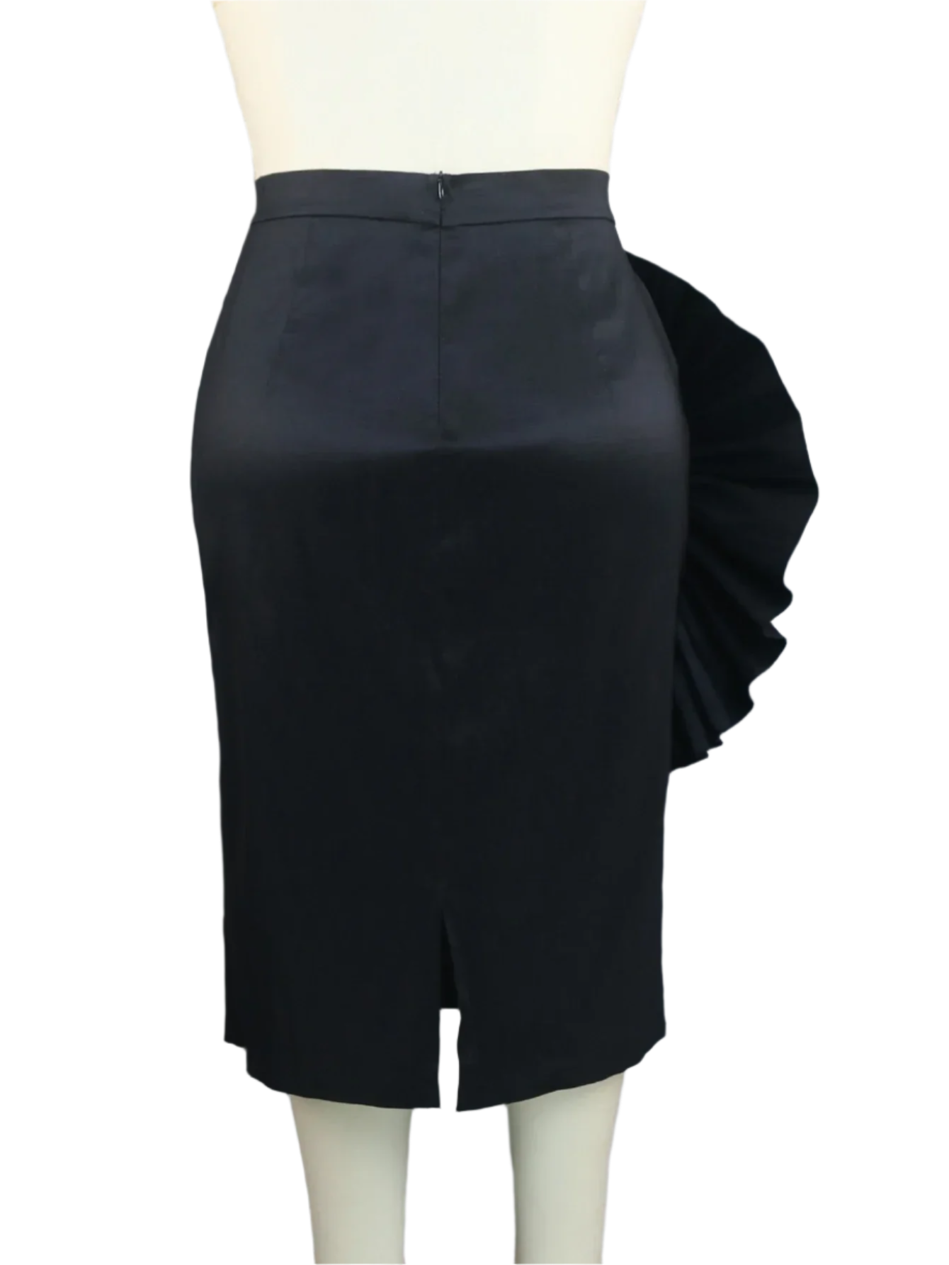 Black skirt on a mannequin against a gray curtain background