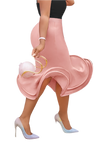 Person wearing a pink satin skirt with high-heeled shoes on a white background