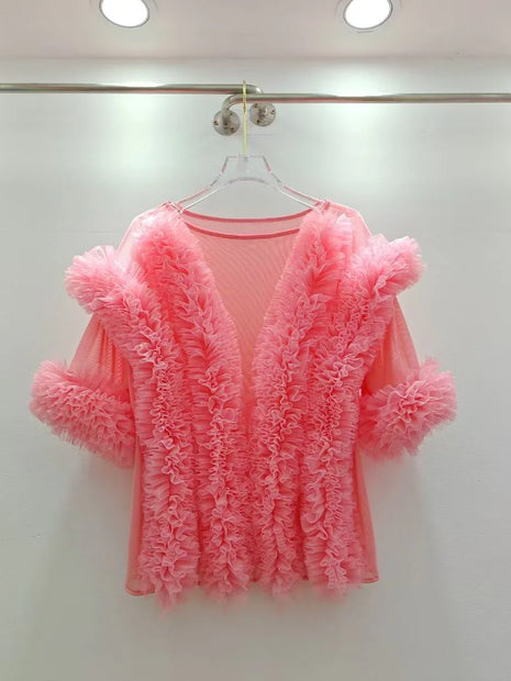 Mesh Spliced Ruffle Blouse
