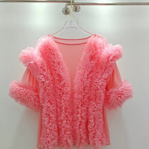 Mesh Spliced Ruffle Blouse
