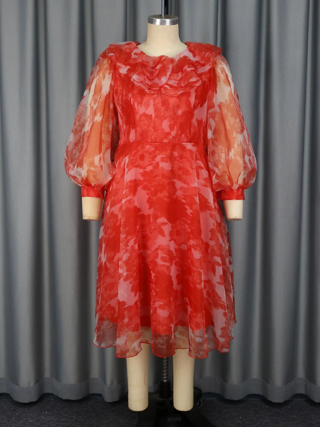 Floral Printed Red A-Line Midi Dress