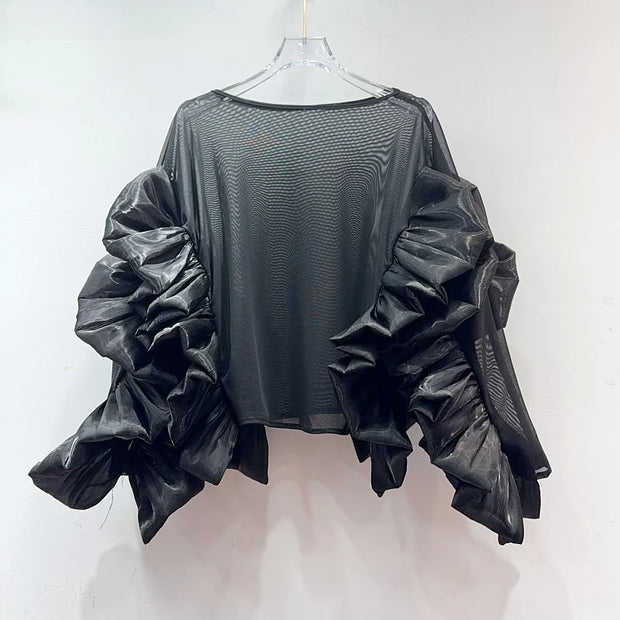 Wave Shirring Hollow-Out Blouse