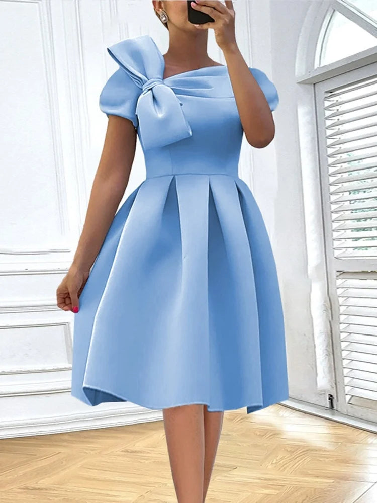 Elegant Slanted Collar Bow Tie Dress