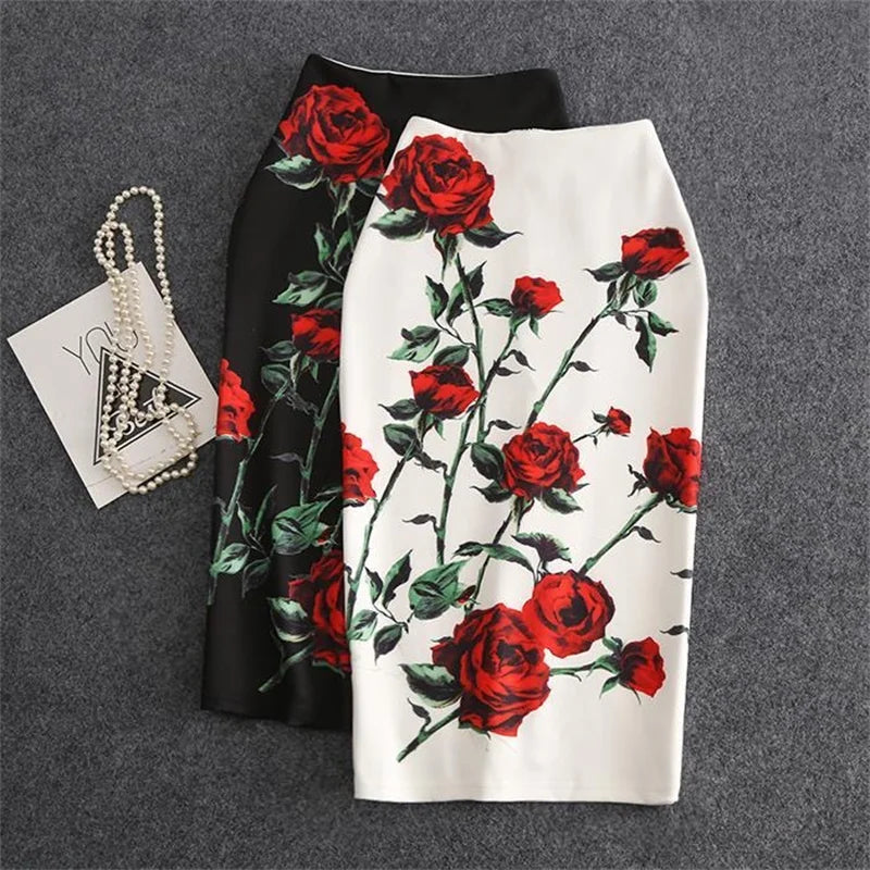 Y2K Red Rose Print Pencil Skirt