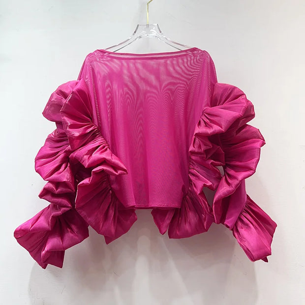 Wave Shirring Hollow-Out Blouse