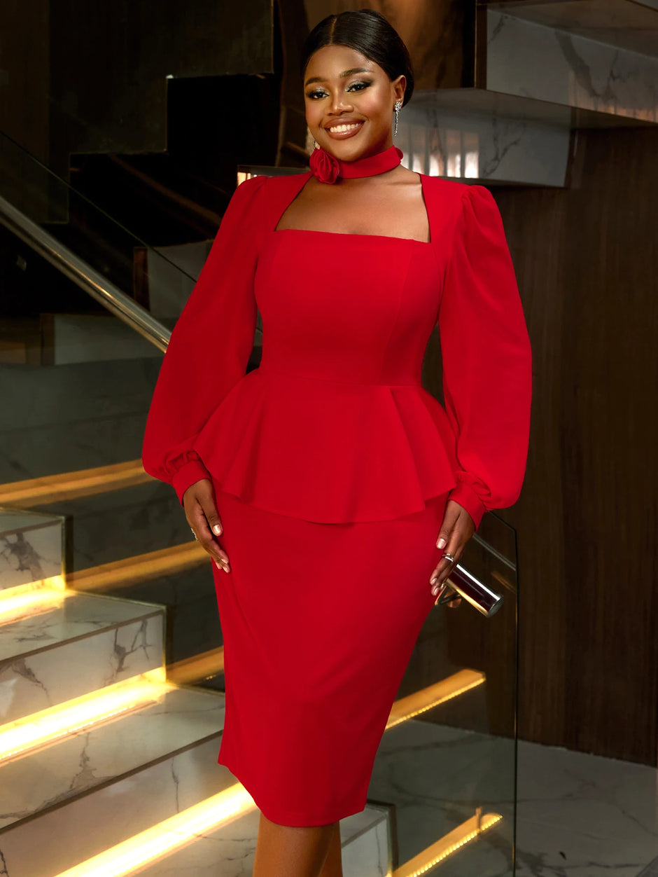Elegant Red Square Collar Peplum Party Dress