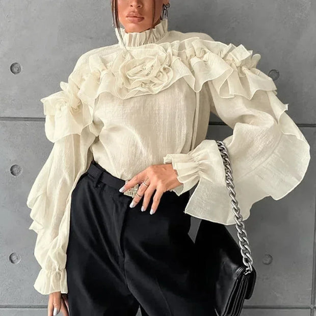 French Temperament Mesh Ruffled Blouse