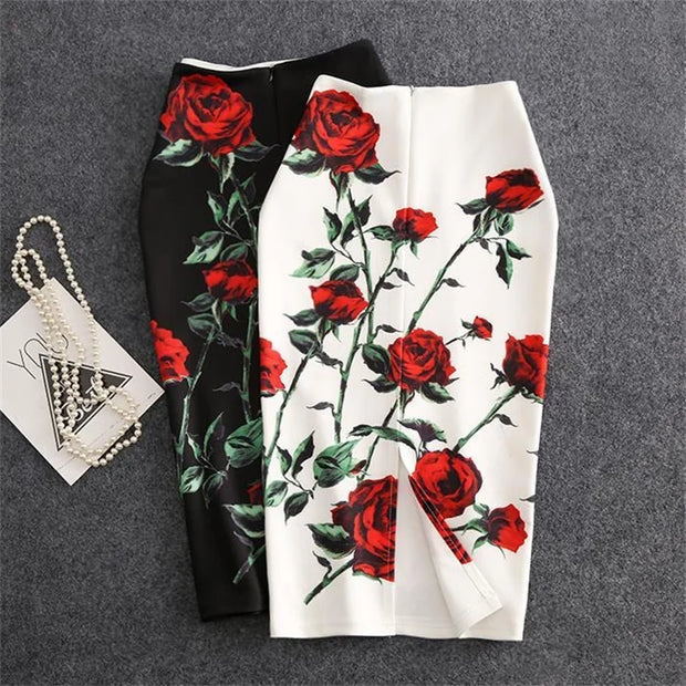 Y2K Red Rose Print Pencil Skirt