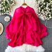 Summer Ruffle Bow Lantern Sleeve Chiffon Blouse