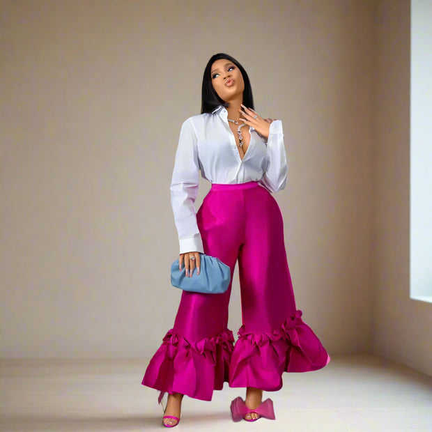 Elegant High-Waist Ruffle Hem Wide-Leg Pants