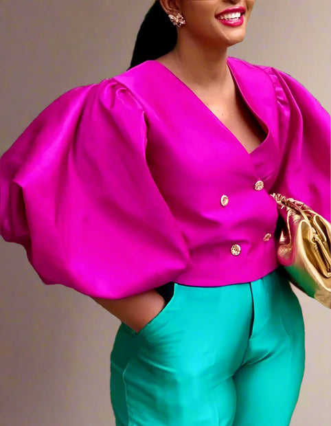 Shiny Glam Lantern Sleeve Blouse