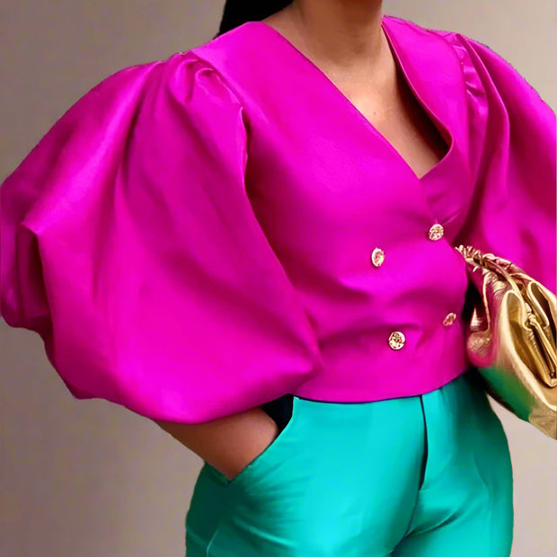 Shiny Glam Lantern Sleeve Blouse