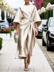 Elegant Champagne Cocktail Party Satin Midi Dress