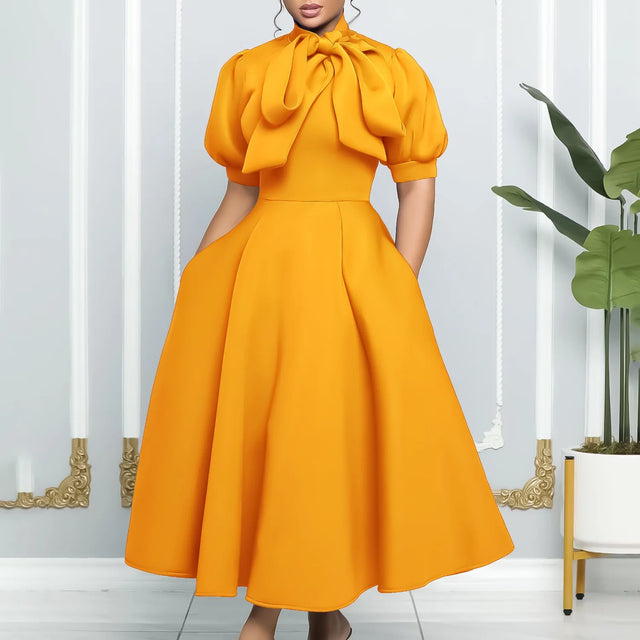 Elegant Luxury Bow Collar Dress - Short Sleeve