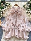 Summer Ruffle Bow Lantern Sleeve Chiffon Blouse