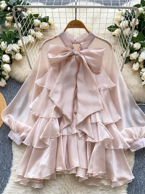 Summer Ruffle Bow Lantern Sleeve Chiffon Blouse