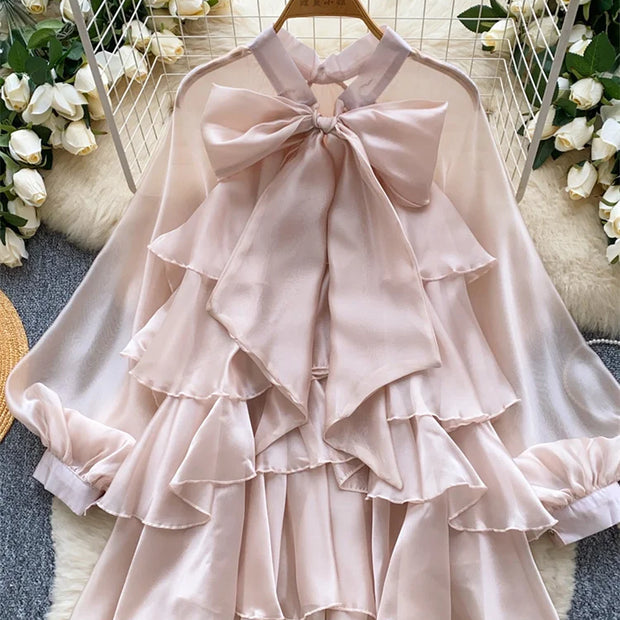 Summer Ruffle Bow Lantern Sleeve Chiffon Blouse