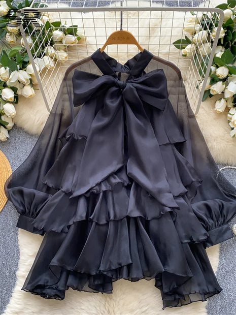 Summer Ruffle Bow Lantern Sleeve Chiffon Blouse