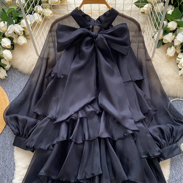 Summer Ruffle Bow Lantern Sleeve Chiffon Blouse