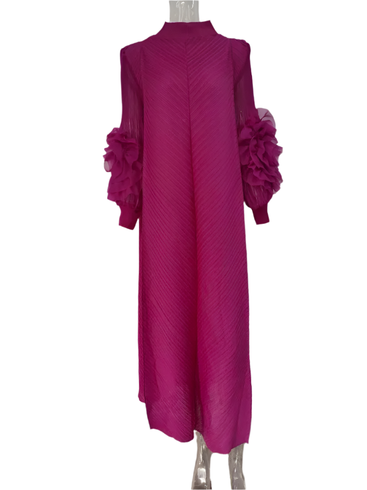 Maxi Pleated Round Neck Spliced Dress