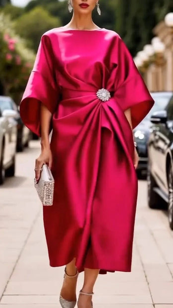 Elegant Champagne Cocktail Party Satin Midi Dress