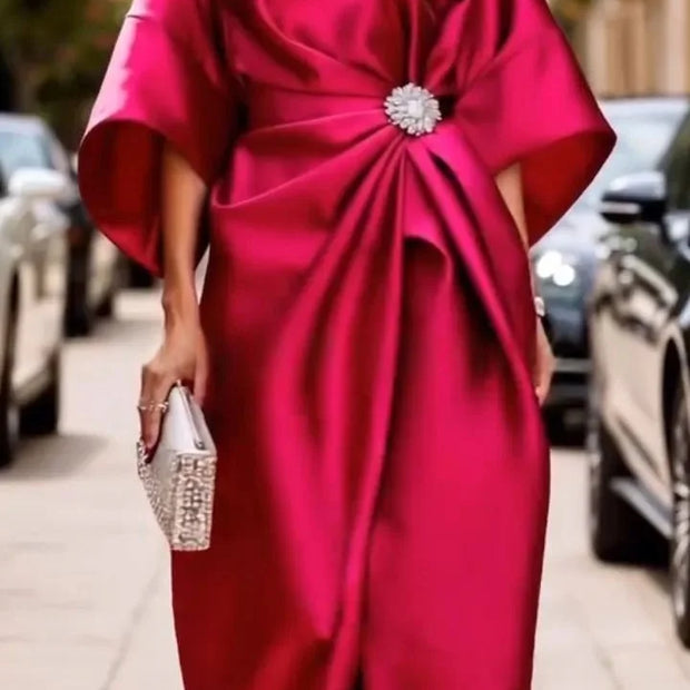 Elegant Champagne Cocktail Party Satin Midi Dress