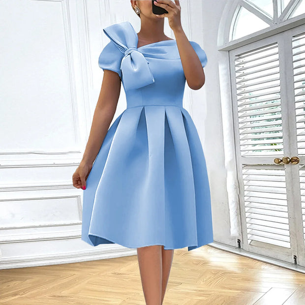 Elegant Slanted Collar Bow Tie Dress