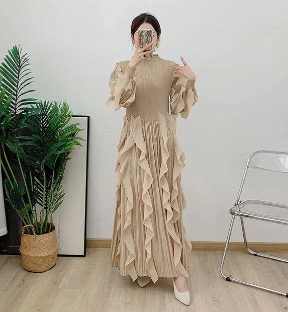 Fashion Ruffle Flare Pleated Maxi Dress