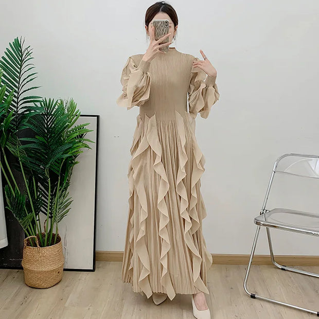 Fashion Ruffle Flare Pleated Maxi Dress