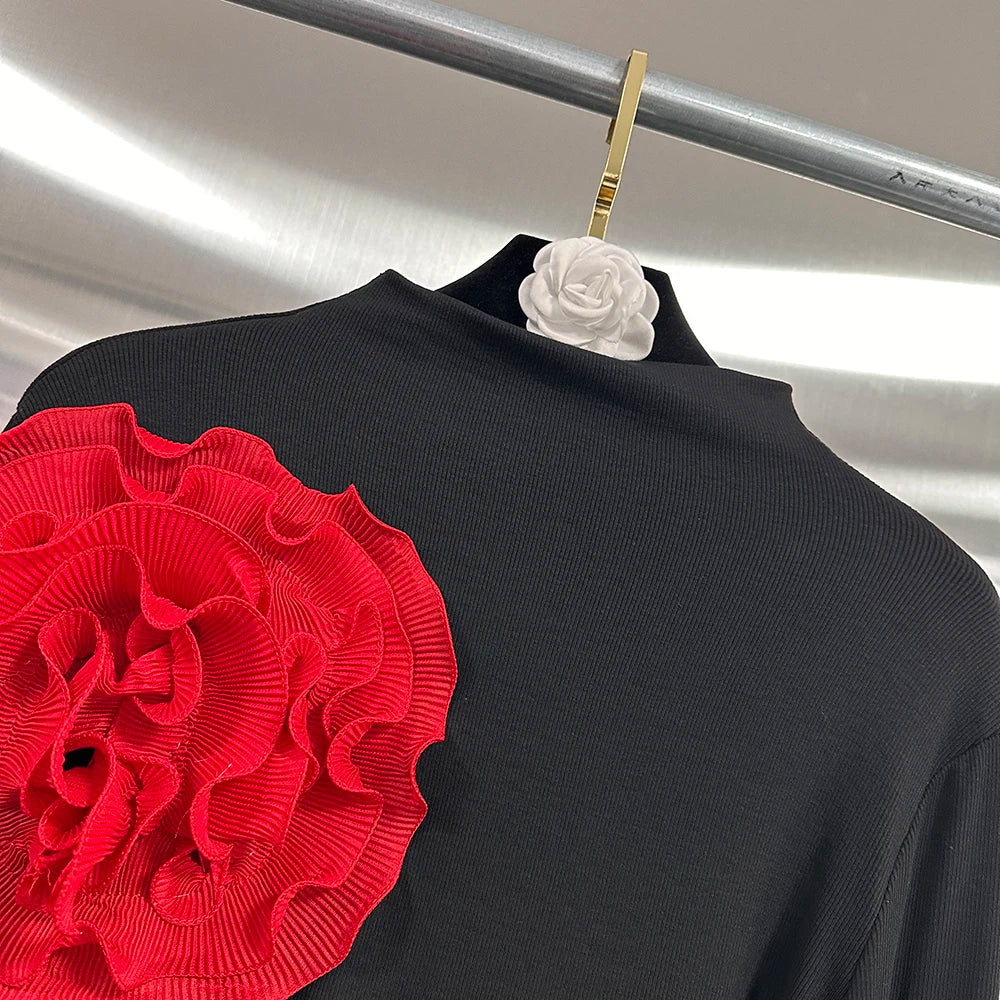 Spliced Turtleneck Petal Sleeve Blouse