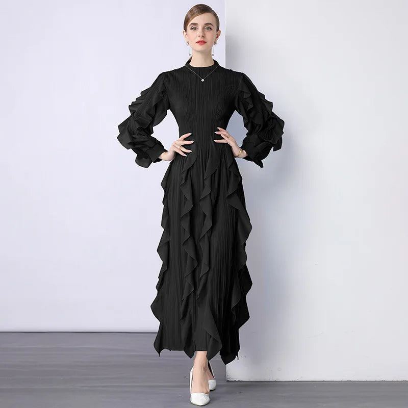 Fashion Ruffle Flare Pleated Maxi Dress