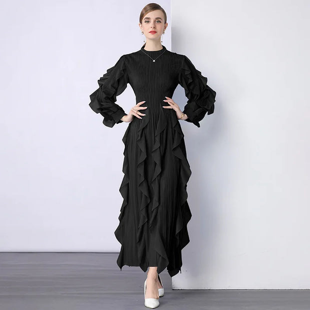 Fashion Ruffle Flare Pleated Maxi Dress