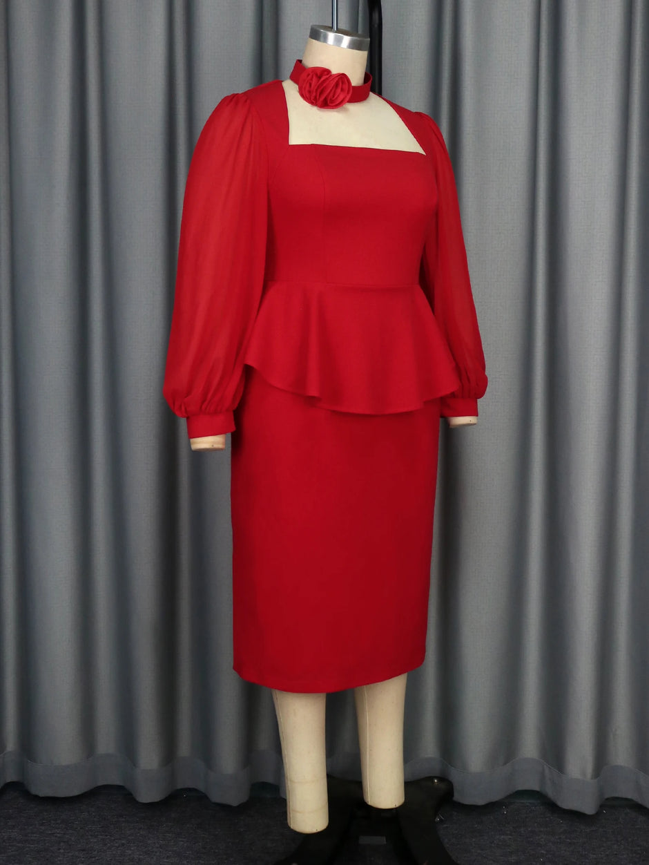 Elegant Red Square Collar Peplum Party Dress