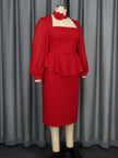 Elegant Red Square Collar Peplum Party Dress