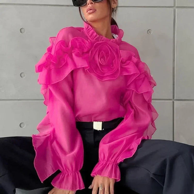 French Temperament Mesh Ruffled Blouse