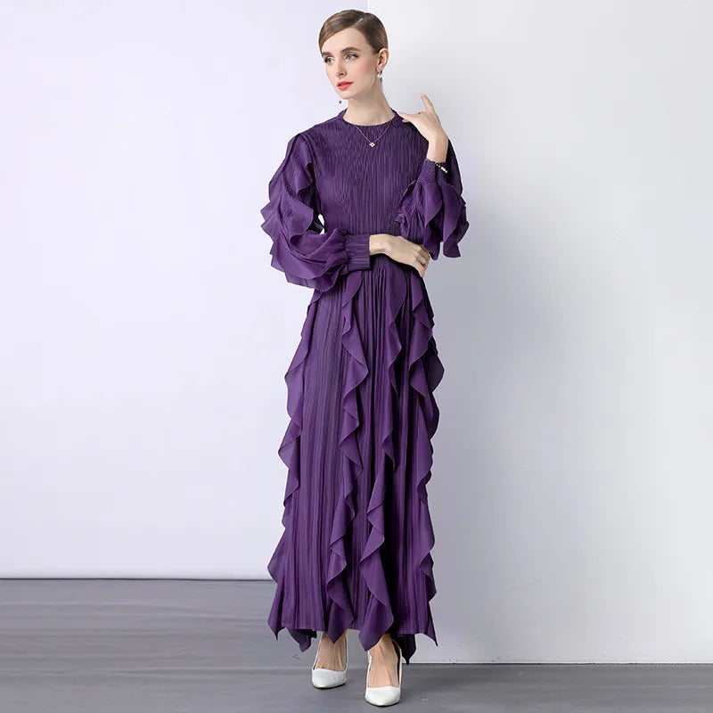 Fashion Ruffle Flare Pleated Maxi Dress