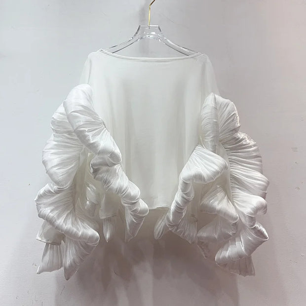 Wave Shirring Hollow-Out Blouse