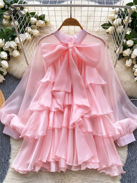 Summer Ruffle Bow Lantern Sleeve Chiffon Blouse