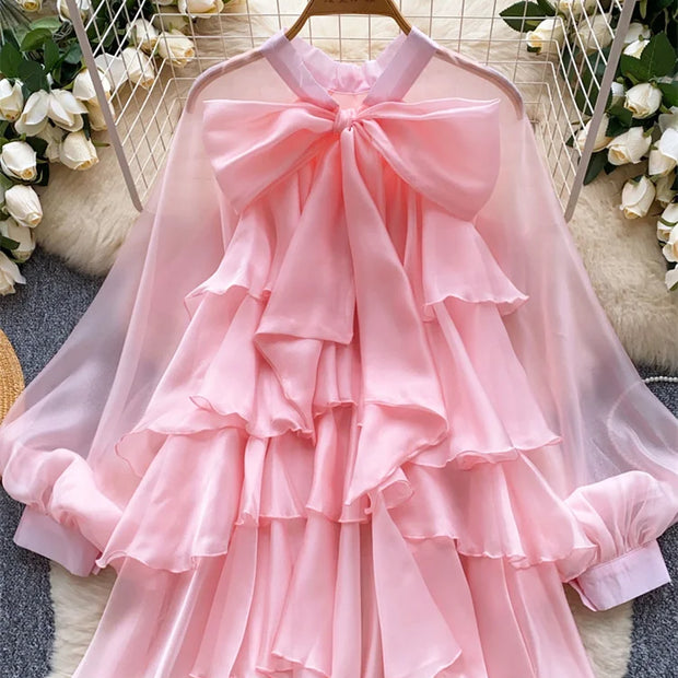 Summer Ruffle Bow Lantern Sleeve Chiffon Blouse