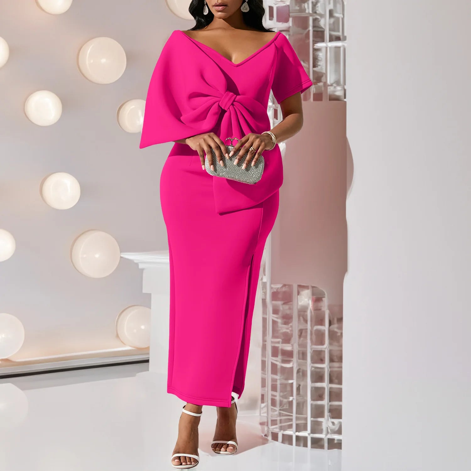 Beautiful Big Bow High Slit Dress