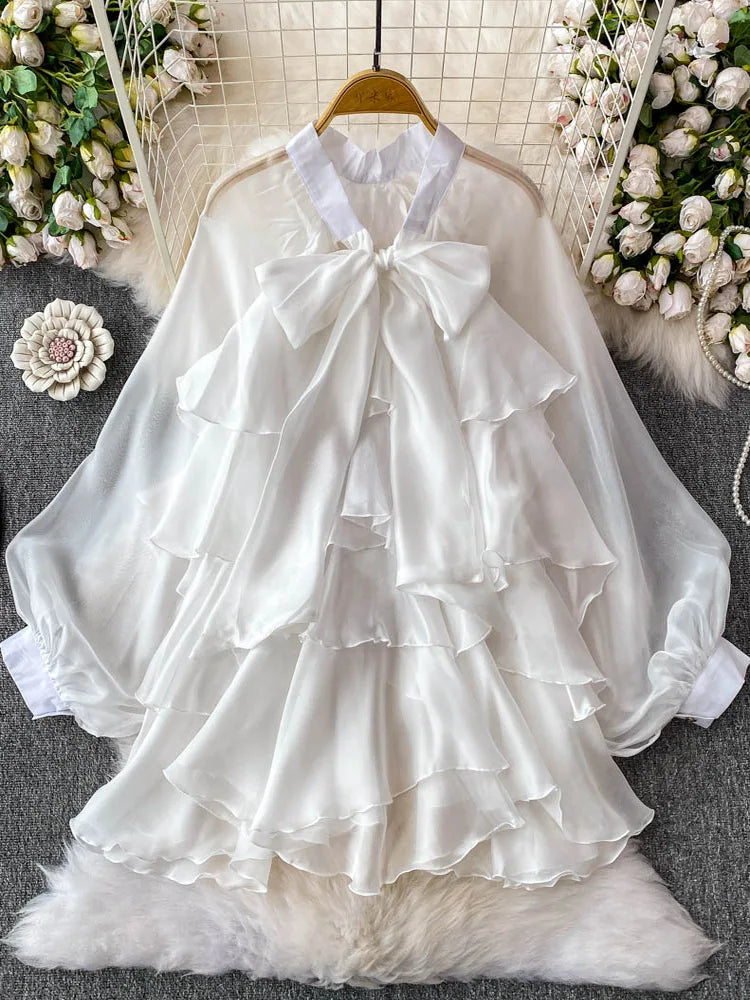 Summer Ruffle Bow Lantern Sleeve Chiffon Blouse