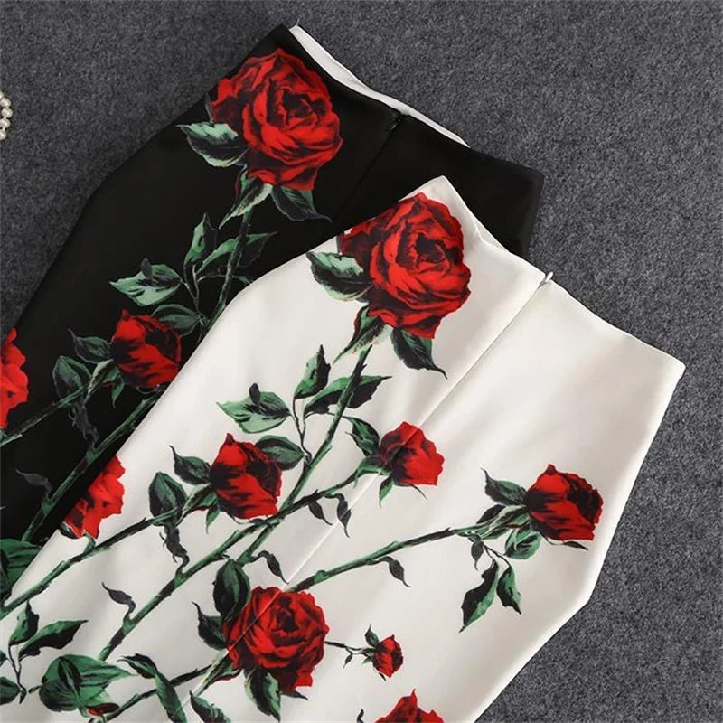 Y2K Red Rose Print Pencil Skirt