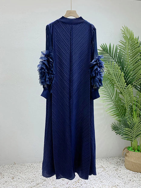 Maxi Pleated Round Neck Spliced Dress