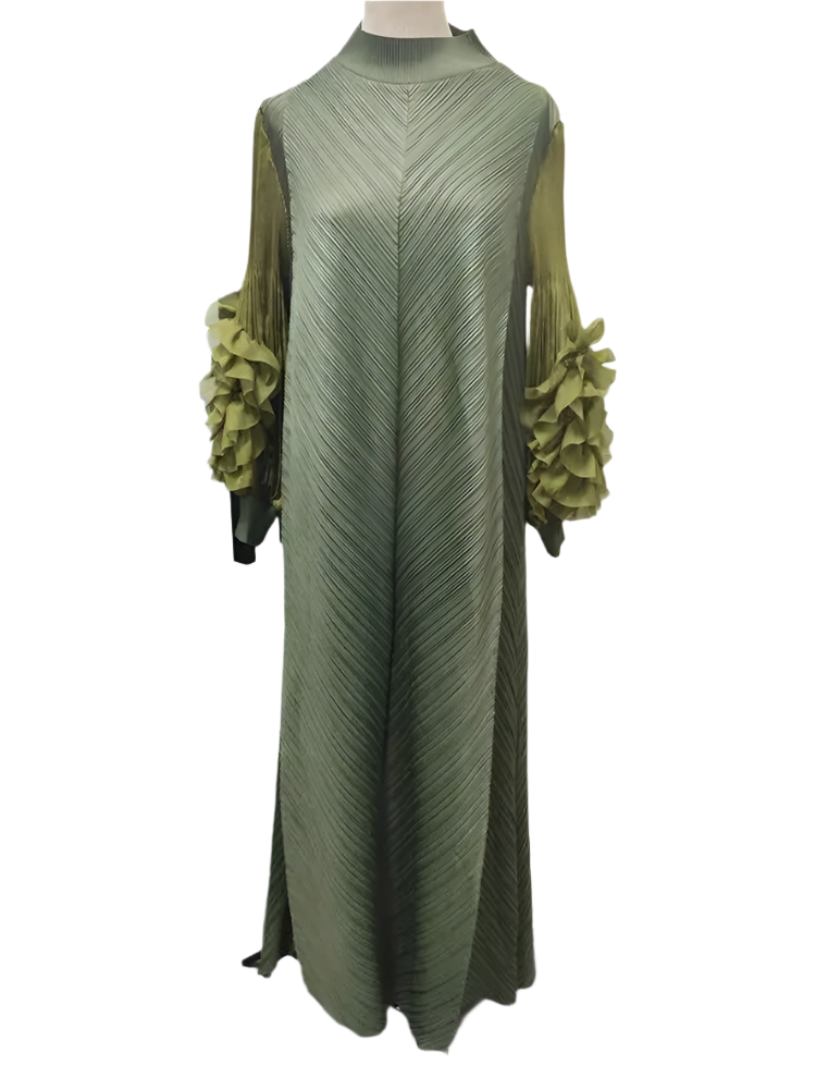Maxi Pleated Round Neck Spliced Dress